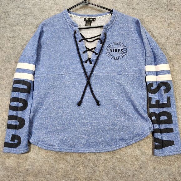 Miss Chievous Sweater Womens Medium Blue Spell Out Lace Up Good Vibes Casual - Picture 1 of 10